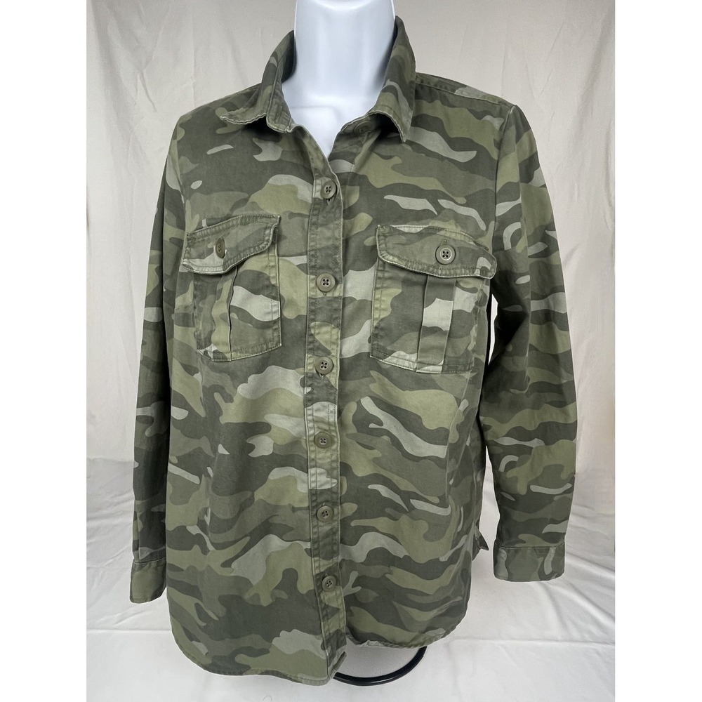 OLD NAVY WOMENS CAMO BUTTON UP SHIRT SIZE SMALL GREEN MILITARY UTILITY COTTON